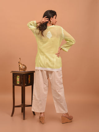 Lemon Green Georgette Top with Lucknowi Hand Embroidery