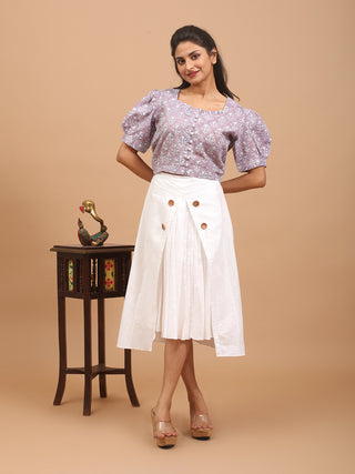 Lilac Pure Sanganeri Cotton Puff Sleeve Button-Down Top