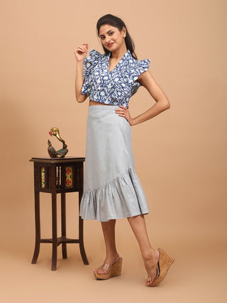 Navy Blue Pure Sanganeri Cotton Ruffle Sleeve Crop Top