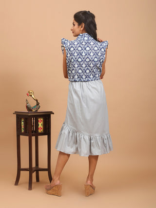 Navy Blue Pure Sanganeri Cotton Ruffle Sleeve Crop Top