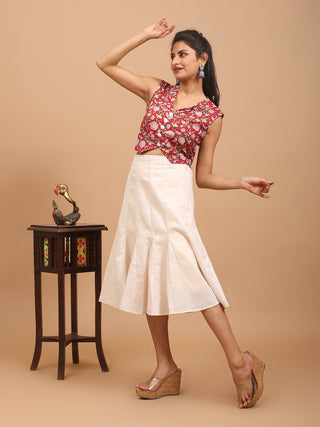 Red Pure Sanganeri Cotton Sleeveless Cropped Buttoned Top