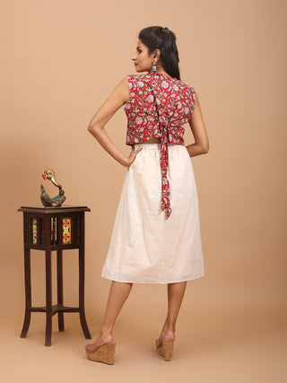 Red Pure Sanganeri Cotton Sleeveless Cropped Buttoned Top