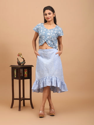 Blue Pure Sanganeri Cotton Short-Sleeve Wrap Front Top