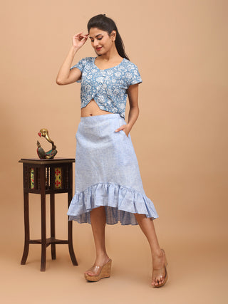 Blue Pure Sanganeri Cotton Short-Sleeve Wrap Front Top