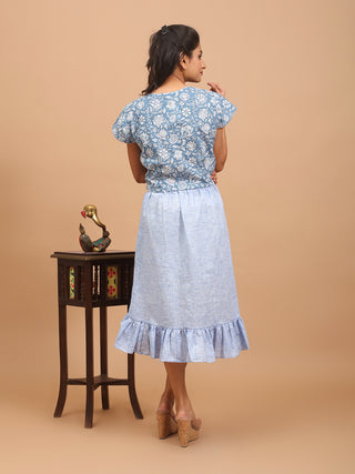 Blue Pure Sanganeri Cotton Short-Sleeve Wrap Front Top