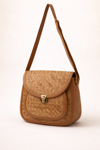 Handcrafted Cane & Rattan Sling Bag in Tan Faux Leather | 3-Pocket Crossbody