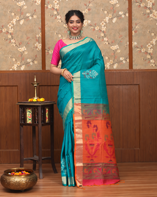 Peacock Teal Blue Pure Kanchipuram Soft Silk Saree with Antique Gold Zari Border and Coral Pink Pallu, Blouse