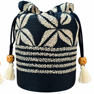 Black Pure Silk Potli with Ivory Floral Kantha Embroidery Price: ₹499