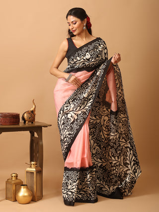 Peach and Black Pure Murshidabad Silk Saree with Batik Print