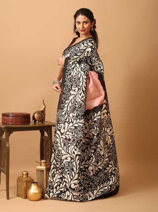 Peach and Black Pure Murshidabad Silk Saree with Batik Print