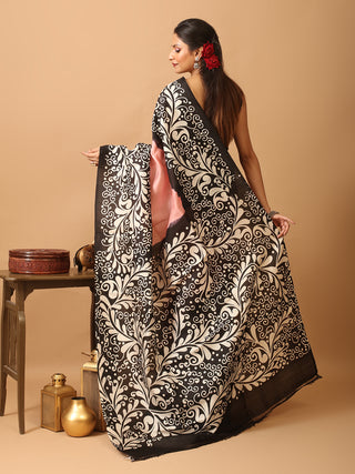 Peach and Black Pure Murshidabad Silk Saree with Batik Print