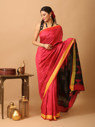 Crimson Red And Black Bhagalpuri Handwoven Pure Dupion Silk Saree
