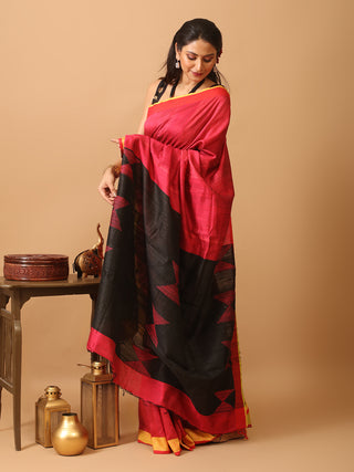 Crimson Red And Black Bhagalpuri Handwoven Pure Dupion Silk Saree