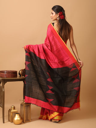 Crimson Red And Black Bhagalpuri Handwoven Pure Dupion Silk Saree