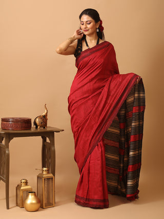 Cherry Red Bhagalpuri Handwoven Pure Dupion Silk Saree