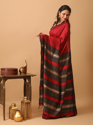 Cherry Red Bhagalpuri Handwoven Pure Dupion Silk Saree