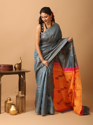 Bluish Grey Bhagalpuri Handwoven Pure Dupion Silk Saree With Orange Pallu