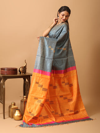 Bluish Grey Bhagalpuri Handwoven Pure Dupion Silk Saree With Orange Pallu