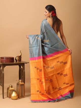 Bluish Grey Bhagalpuri Handwoven Pure Dupion Silk Saree With Orange Pallu
