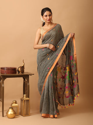 Grey Linen by Cotton Handloom Saree With A Copper Zari Border