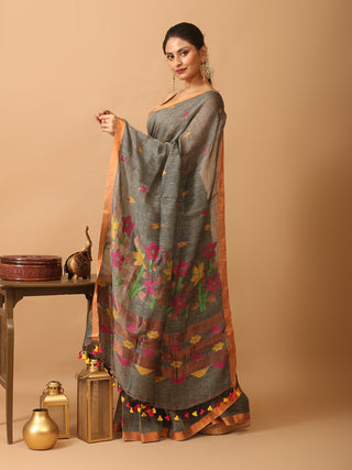 Grey Linen by Cotton Handloom Saree With A Copper Zari Border