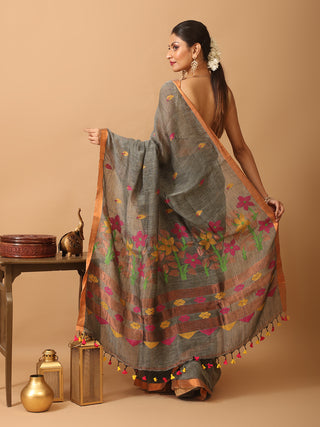 Grey Linen by Cotton Handloom Saree With A Copper Zari Border
