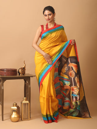 Golden Yellow Hand-Painted Murshidabad Silk Saree – The Durga Edit