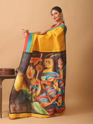Golden Yellow Hand-Painted Murshidabad Silk Saree – The Durga Edit
