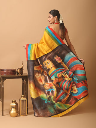 Golden Yellow Hand-Painted Murshidabad Silk Saree – The Durga Edit