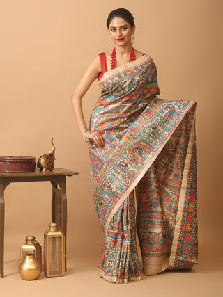 Beige Ghicha Tussar Silk Saree with Hand-Painted Madhubani Art in Multicolour