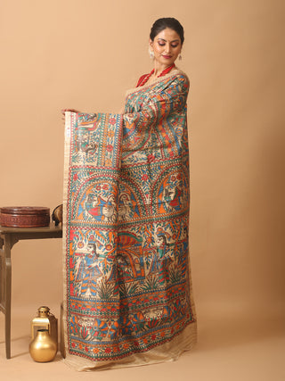 Beige Ghicha Tussar Silk Saree with Hand-Painted Madhubani Art in Multicolour