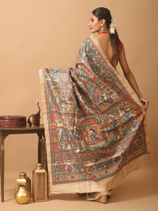 Beige Ghicha Tussar Silk Saree with Hand-Painted Madhubani Art in Multicolour