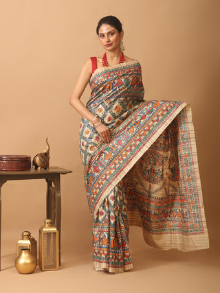 Beige Ghicha Tussar Silk Saree with Hand-Painted Madhubani Art in Multicolour