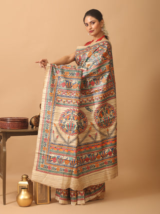 Beige Ghicha Tussar Silk Saree with Hand-Painted Madhubani Art in Multicolour
