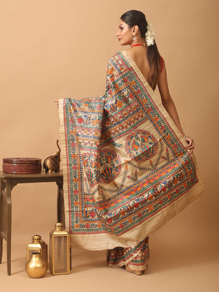 Beige Ghicha Tussar Silk Saree with Hand-Painted Madhubani Art in Multicolour