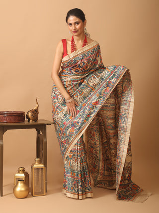 Beige Ghicha Tussar Silk Saree with Hand-Painted Madhubani Art in Multicolour