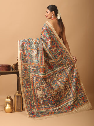 Beige Ghicha Tussar Silk Saree with Hand-Painted Madhubani Art in Multicolour