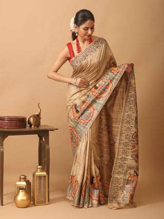 Beige Ghicha Tussar Silk Saree with Hand-Painted Madhubani Art