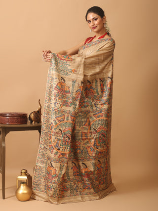 Beige Ghicha Tussar Silk Saree with Hand-Painted Madhubani Art