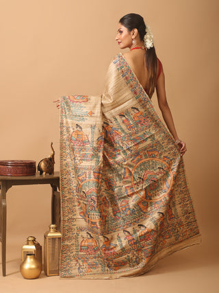 Beige Ghicha Tussar Silk Saree with Hand-Painted Madhubani Art