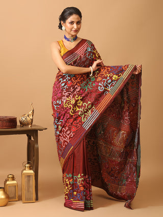 Maroon Blended Bangalore Silk Saree with Hand Kantha Work