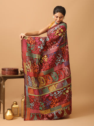 Maroon Blended Bangalore Silk Saree with Hand Kantha Work