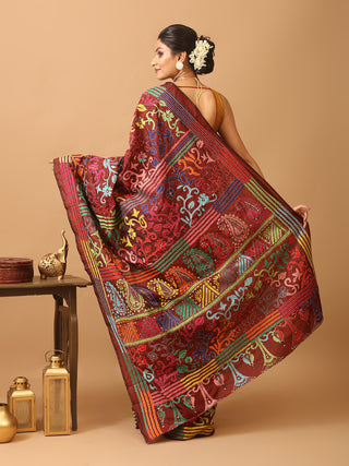 Maroon Blended Bangalore Silk Saree with Hand Kantha Work