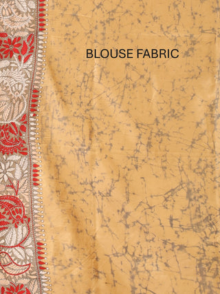 Sandal Blended Bangalore Silk Saree with Hand Batik and Kantha Embroidery