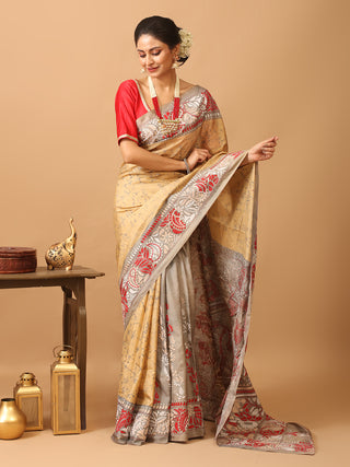 Sandal Blended Bangalore Silk Saree with Hand Batik and Kantha Embroidery