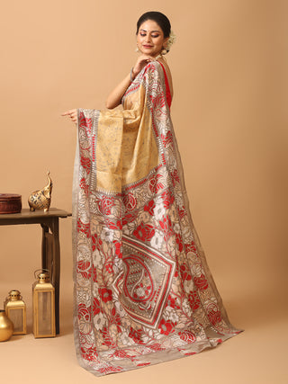 Sandal Blended Bangalore Silk Saree with Hand Batik and Kantha Embroidery