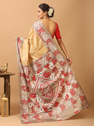 Sandal Blended Bangalore Silk Saree with Hand Batik and Kantha Embroidery