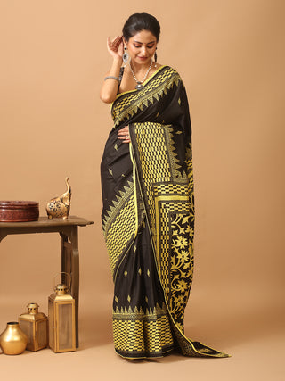 Black Blended Bangalore Silk Saree with Kantha Embroidery
