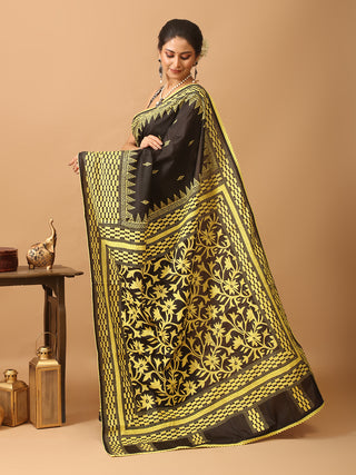Black Blended Bangalore Silk Saree with Kantha Embroidery