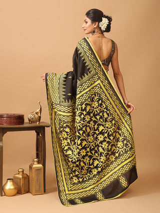 Black Blended Bangalore Silk Saree with Kantha Embroidery